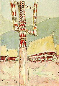 Poteau pour le sacrifice du buffle - Montagnards du Vietnam - Aquarelle de M. Saint Pron -1938 - BAVH.